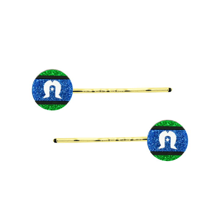 An Image of Haus of Dizzy's Circle Shaped Glitter Torres Strait Islander Flag Hair Pins. Flags are on Gold Pins